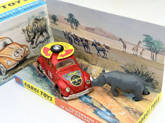 VOLKSWAGEN 1200 IN EAST AFRICAN SAFARI TRIM Corgi Czerwony 1:43 Nosorożec – zdjęcie 2