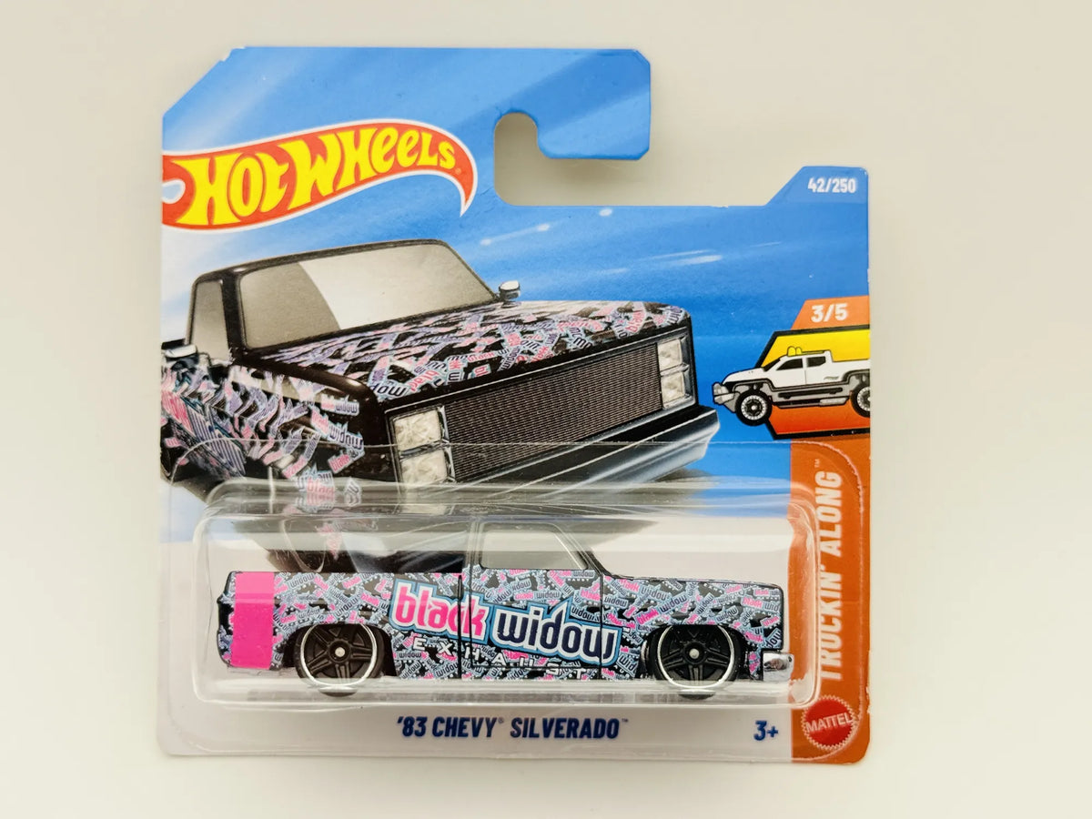 '83 Chevy Silverado Hot Wheels 2026 Truckin' Along 1:64 Pickup black widow – zdjęcie 6