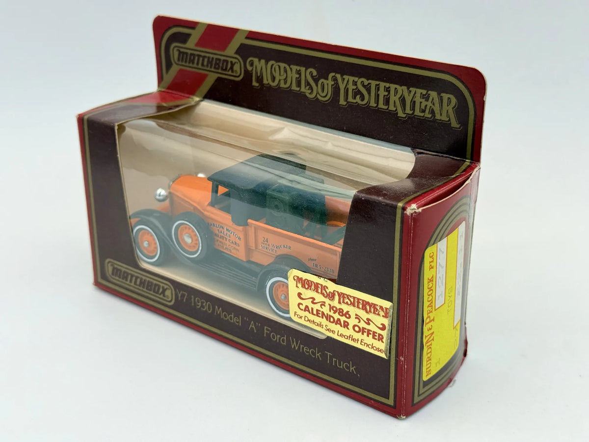 Y7 1930 MODEL A FORD WRECK TRUCK Matchbox 1984 Orange 1:43 Made in England – zdjęcie 4