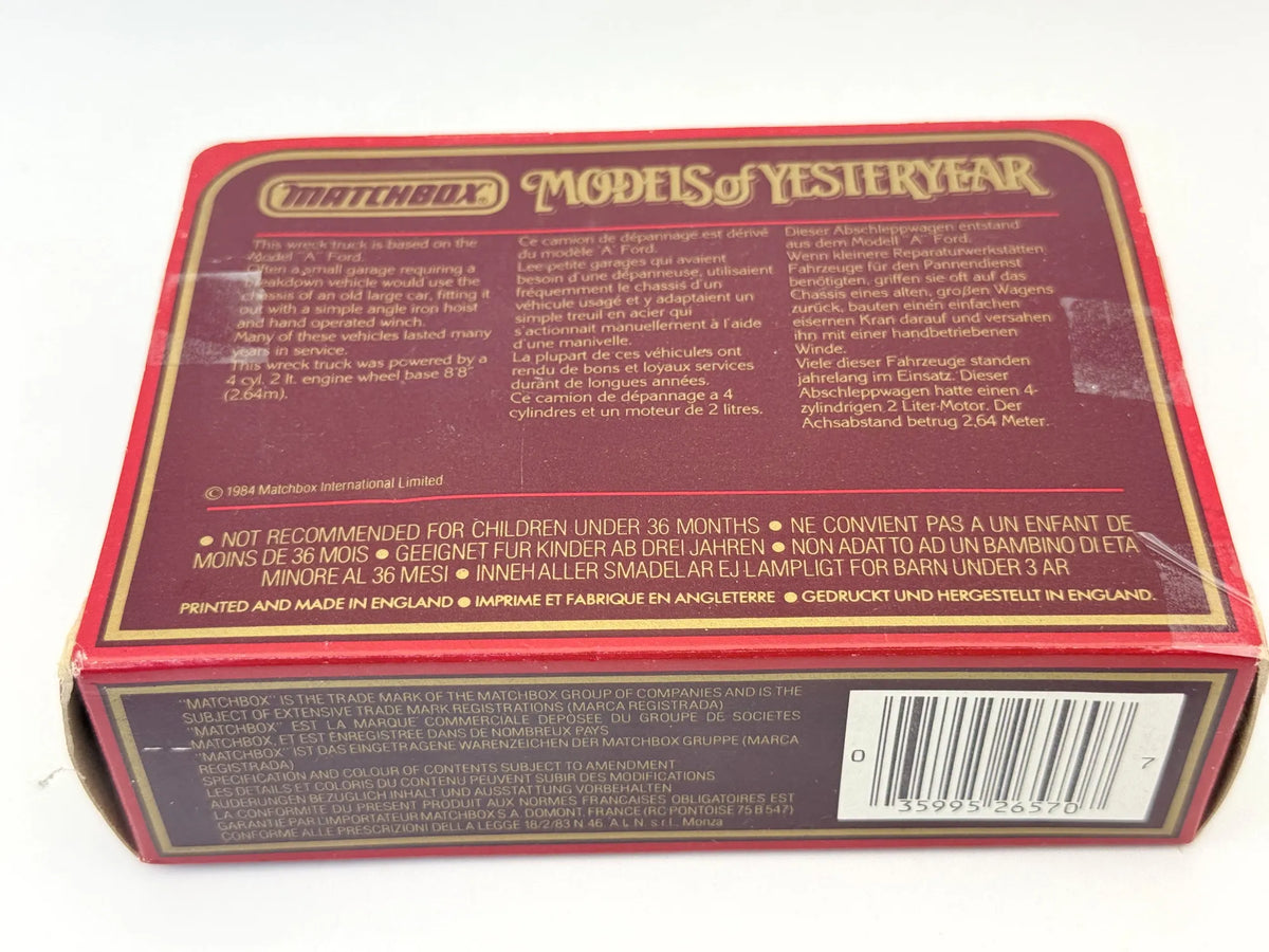 Y7 1930 MODEL A FORD WRECK TRUCK Matchbox 1984 Orange 1:43 Made in England – zdjęcie 6
