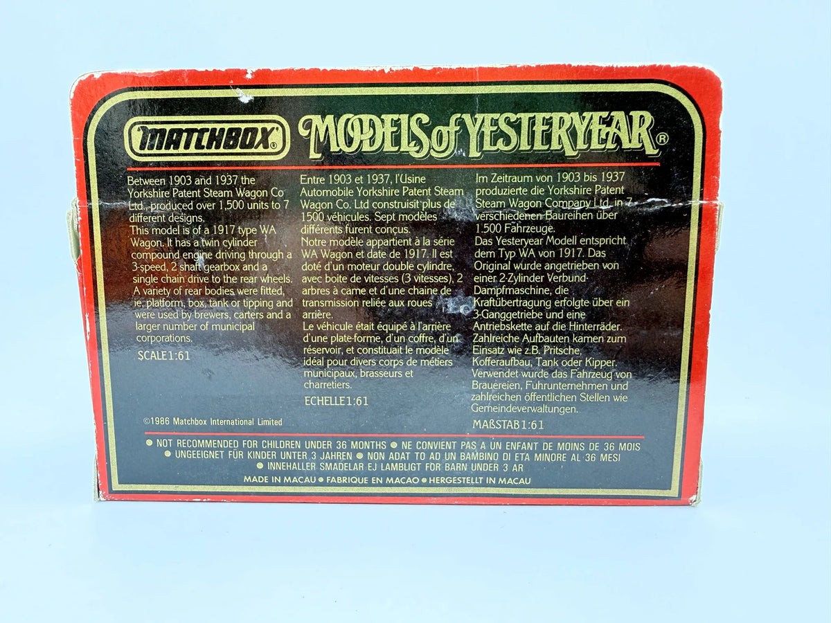 1917 YORKSHIRE STEAM WAGON, Matchbox 1986, Made in Macau, Die cast Y8, 1:64 – zdjęcie 6
