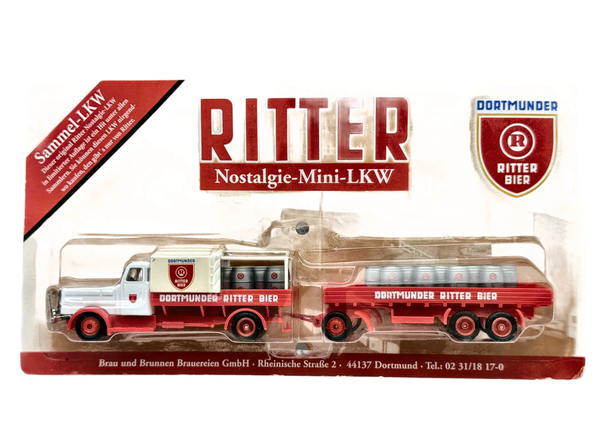 Brekina Krupp Koffer-Hängerzug Grell 1:87 Promocyjny Dortmunder Ritter Bier – zdjęcie 6