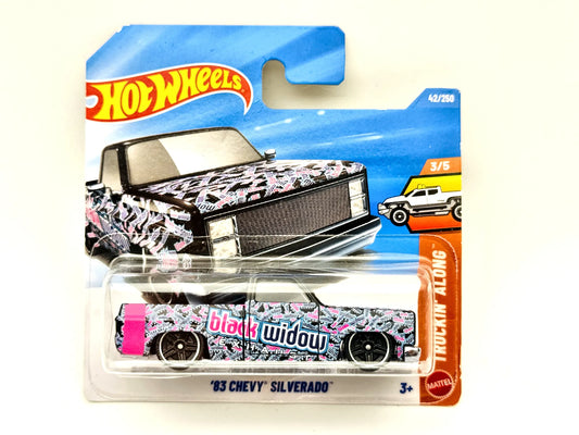 '83 Chevy Silverado Hot Wheels 2026 Truckin' Along 1:64 Pickup black widow
