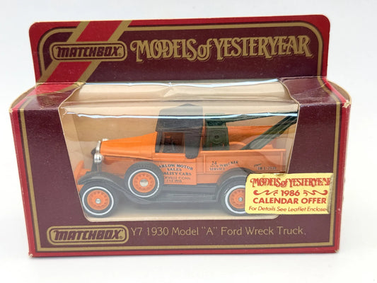 Y7 1930 MODEL A FORD WRECK TRUCK Matchbox 1984 Orange 1:43 Made in England