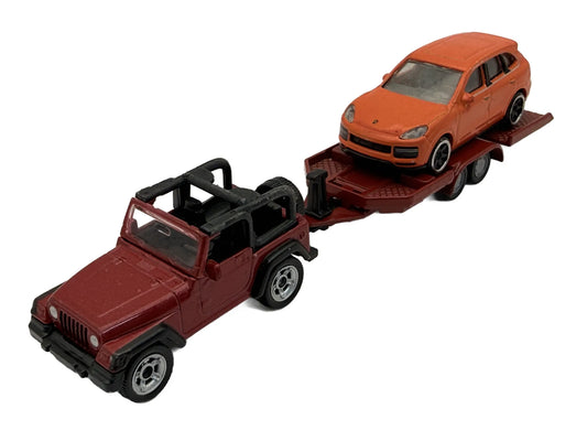 JEEPA WRANGLER Z PRZYCZEPĄ NA PORSCHE CAYENNE SIKU Czerwony 1:64